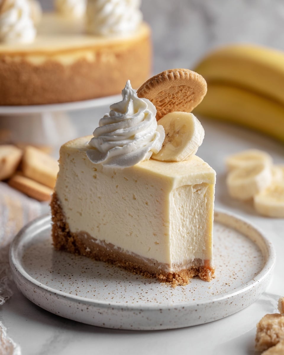 A round banana cheesecake sits on a white marble cake stand with a wooden base. The cake has two visible layers: a crumbly brown crust at the bottom and a thick creamy pale yellow banana-flavored filling on top. Around the edge, there are whipped cream dollops standing tall in white swirls, each topped with a slice of banana and a golden vanilla wafer cookie placed vertically. The cake is set on a piece of parchment paper. In the background, there is a white waffle-textured wall. Scattered around the base of the cake stand are vanilla wafer cookies, a white bowl holding more cookies, a peeled banana, and a white piping bag with a metal tip for icing. The surface is changed to white marbled texture. photo taken with an iphone --ar 4:5 --v 7