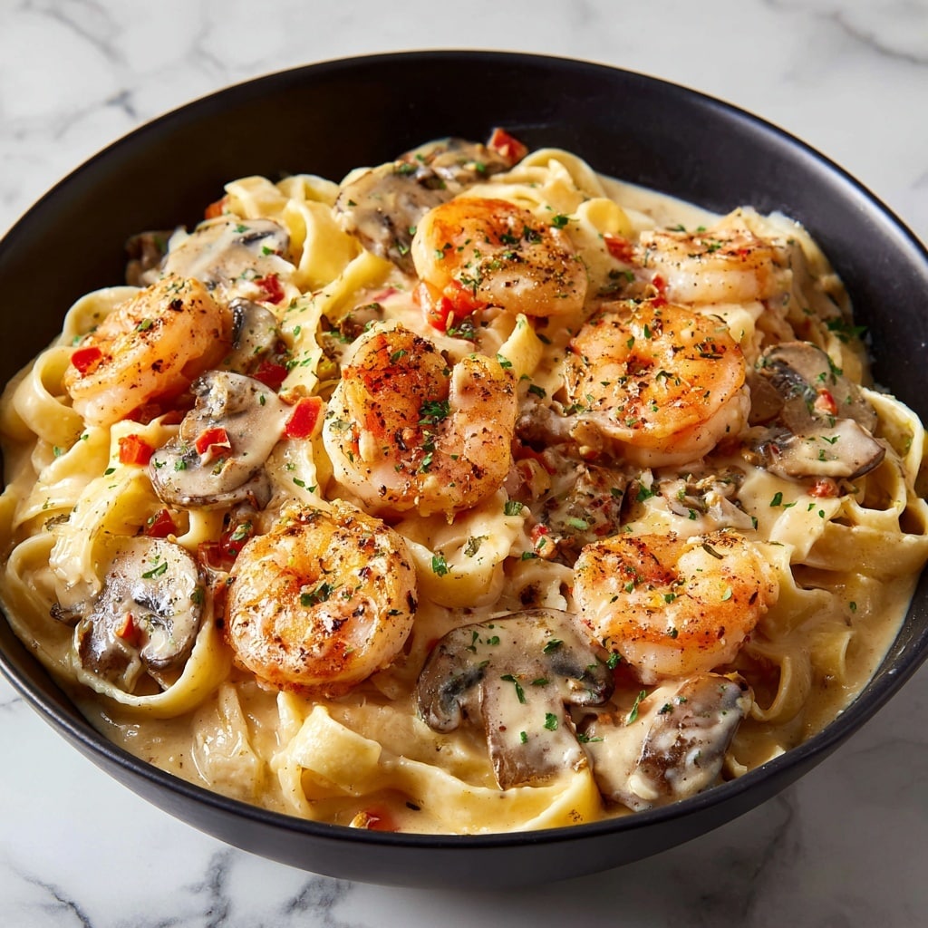 A black skillet filled with three layers, placed on a wooden board over a white marbled surface. The bottom layer is a bed of pale yellow, wide egg noodles. The middle layer consists of light brown creamy mushroom sauce with dark sliced mushrooms and small bits of herbs spread evenly. The top layer has seven browned shrimp with a slight char, arranged in a circle, sprinkled lightly with green herbs for color contrast. Photo taken with an iphone --ar 4:5 --v 7