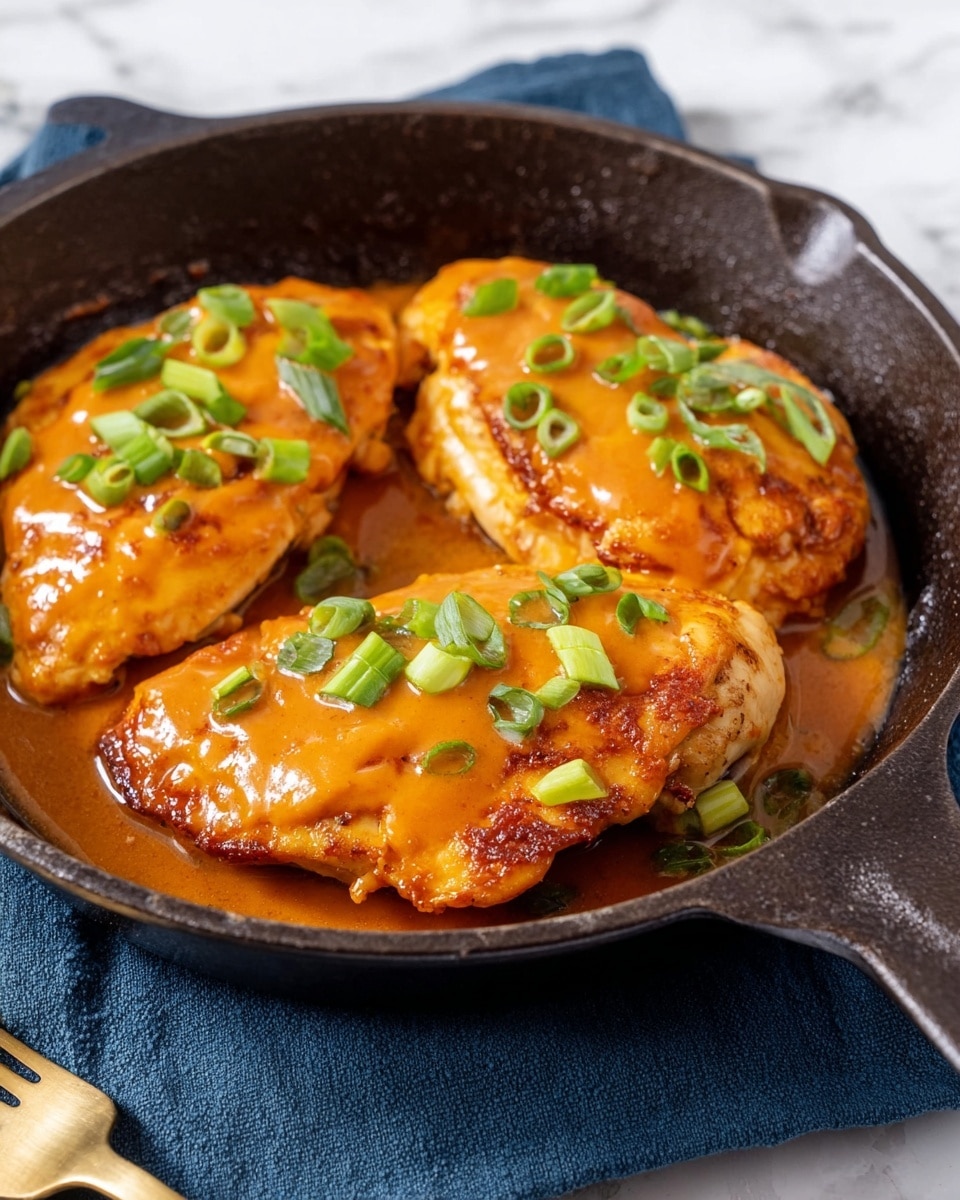 On a white plate with a subtle pattern, there is a piece of cooked chicken breast covered with a thick, creamy orange sauce that has a smooth, glossy texture. The chicken shows some browned, slightly crispy edges peeking from under the sauce. Scattered on top are small, bright green chopped scallions adding a fresh touch of color. To the side, a mound of plain, fluffy white rice adds a soft texture contrast. The plate is placed on a dark blue cloth with a white checkered pattern, all set against a white marbled background. Photo taken with an iphone --ar 4:5 --v 7