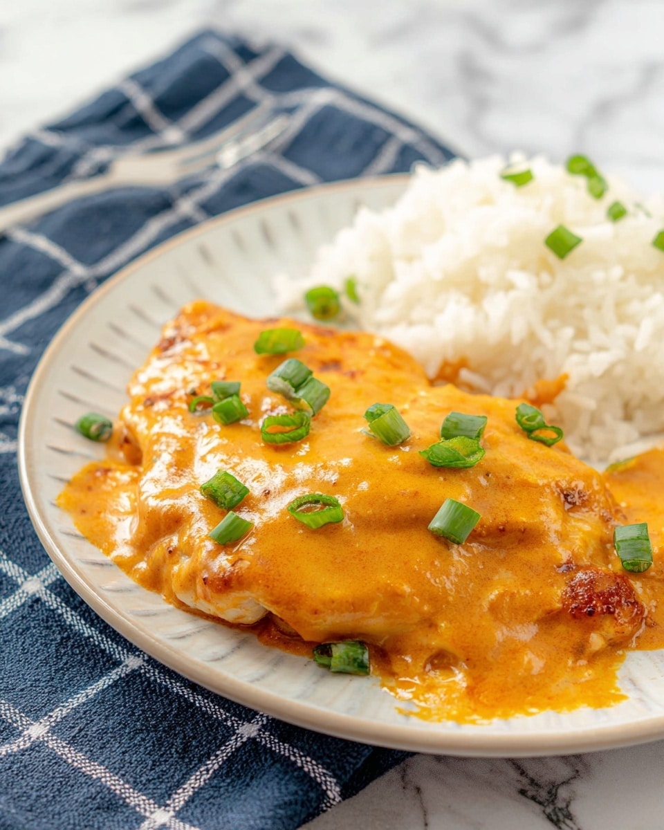 The image shows a close-up of a black cast iron pan with three pieces of cooked chicken breast inside. Each chicken piece is covered with a smooth, thick orange sauce that has a glossy shine. On top of the sauce, there are scattered small rings and slices of fresh green onions, adding a bright green color contrast. The chicken looks tender with slight browning on the edges where it was cooked. The pan sits on a dark blue cloth on a white marbled surface, and a gold fork is partially visible at the bottom left corner. photo taken with an iphone --ar 4:5 --v 7
