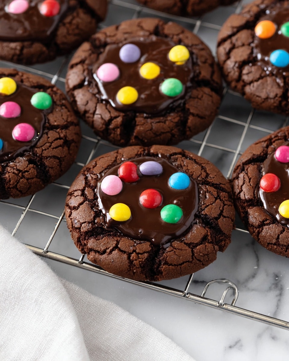 The image shows several round chocolate cookies placed on a silver cooling rack on top of a white marbled surface. Each cookie has two visible layers: the base layer is thick and cracked dark brown chocolate cookie with a rough texture, and the top layer is a smooth, shiny dark chocolate glaze that covers the center part of each cookie. On top of the glaze, there are small, round, colorful candy pieces scattered evenly, in colors like red, yellow, green, blue, pink, purple, and orange. A soft white cloth is partially visible near the bottom edges of the image. photo taken with an iphone --ar 4:5 --v 7