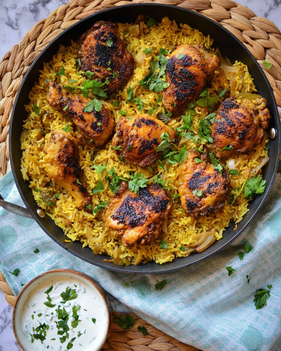 The image shows a large black pan filled with yellow spiced rice mixed with grilled chicken pieces, topped with fresh chopped green herbs. Next to the pan, there is a white plate with blue decorative patterns holding a serving of the rice and a grilled chicken piece garnished with green herbs. A small metal fork rests on the side of the plate. A lime half is placed on the plate edge, and squeezed lime halves are on the white marbled textured surface surrounding the setup. A small white bowl filled with thick white sauce sprinkled with green herbs sits nearby on a blue and white striped cloth. The scene is arranged on a wooden table with a natural rustic feel photo taken with an iphone --ar 4:5 --v 7