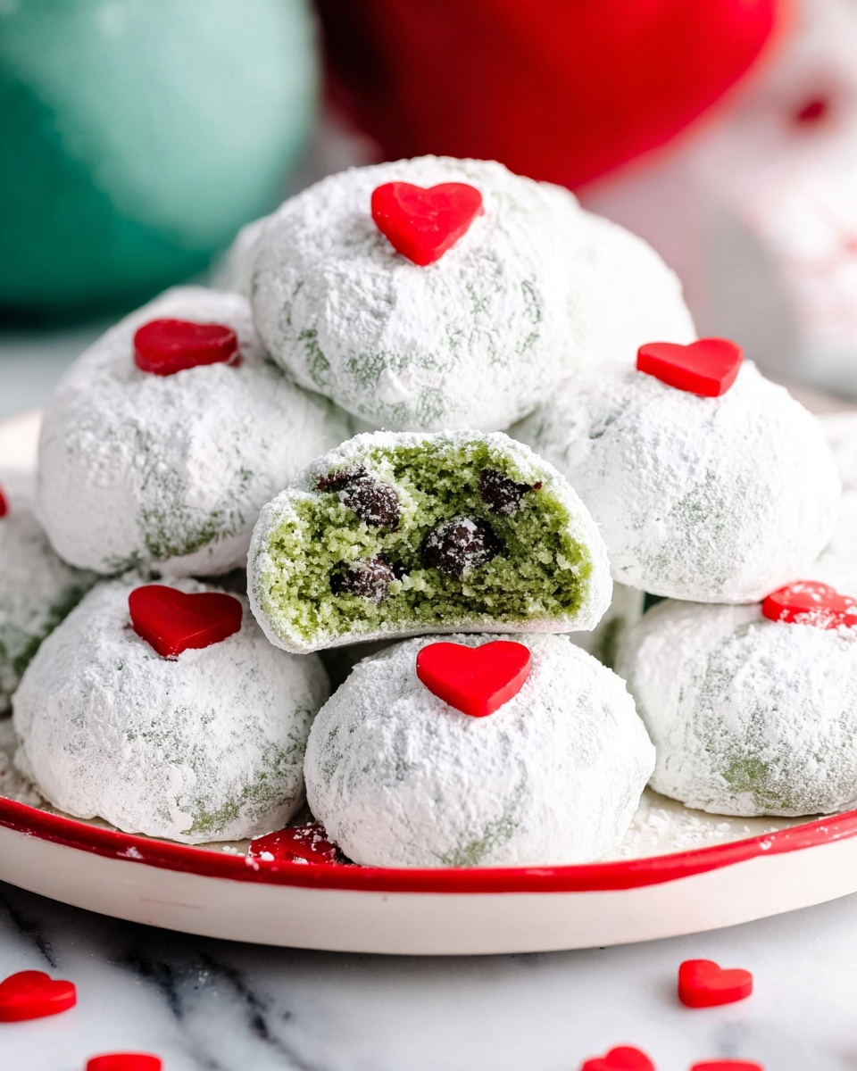 A pile of round, green cookies covered in a thick layer of white powdered sugar sits on a white plate with a red rim. Each cookie is decorated on top with a small red heart-shaped candy. One cookie is broken in half, revealing a soft, moist green interior with dark chocolate chips embedded inside. The white powdered sugar coating looks slightly uneven and powdery, giving a snowy effect. Some small red heart candies are scattered around the base of the plate on a white marbled surface, with a blurred background of green, red, and light blue objects. photo taken with an iphone --ar 4:5 --v 7