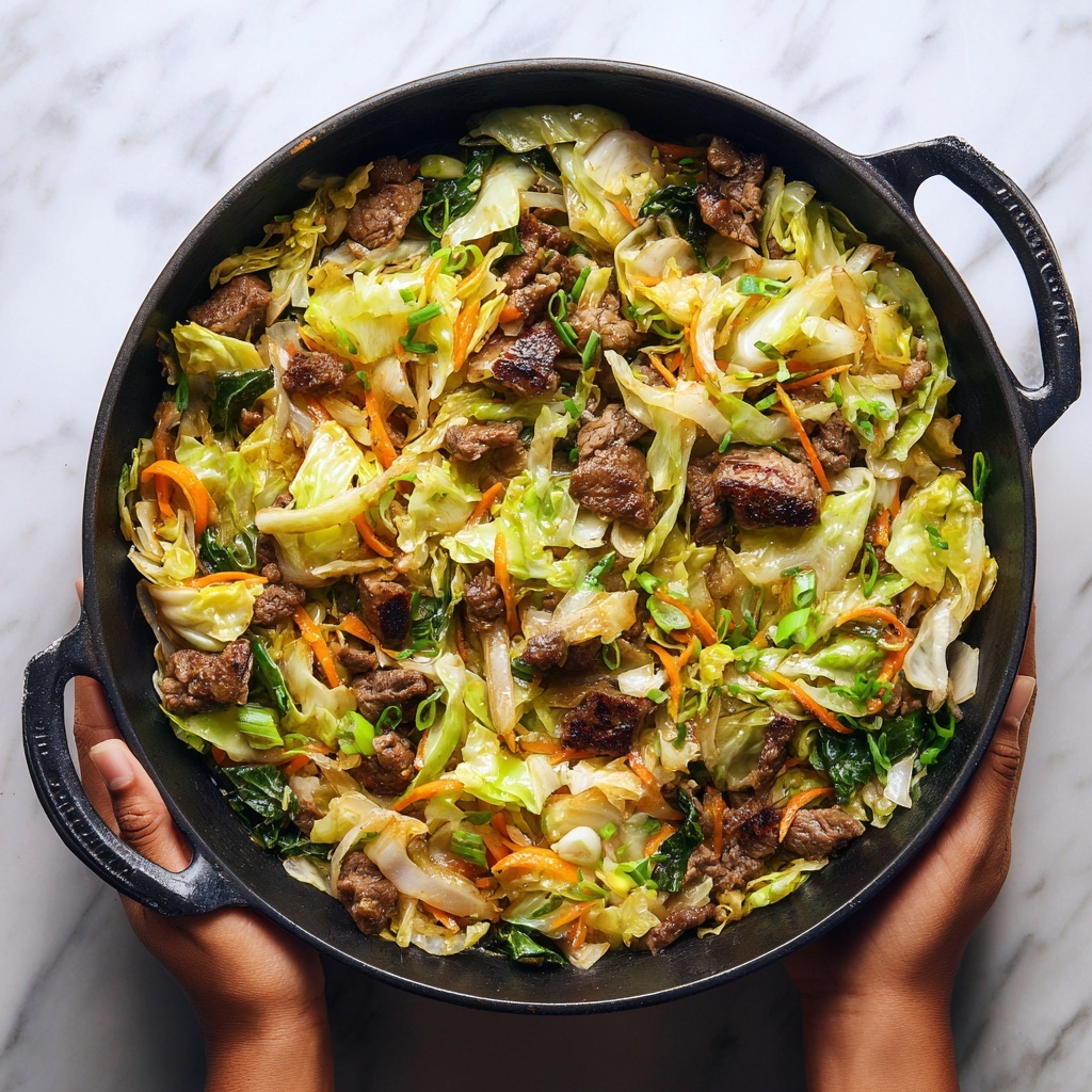 A close-up view of a sizzling black cast iron pan filled with stir-fried pieces of brown glazed meat mixed with light beige bean sprouts and thin red chili slices. The dish is topped with fresh chopped green onions and sprinkled with white sesame seeds, creating a colorful and appetizing mix. Steam rises from the hot pan, and a woman's hands are seen holding the handles on both sides. The background is a white marbled texture. photo taken with an iphone --ar 4:5 --v 7