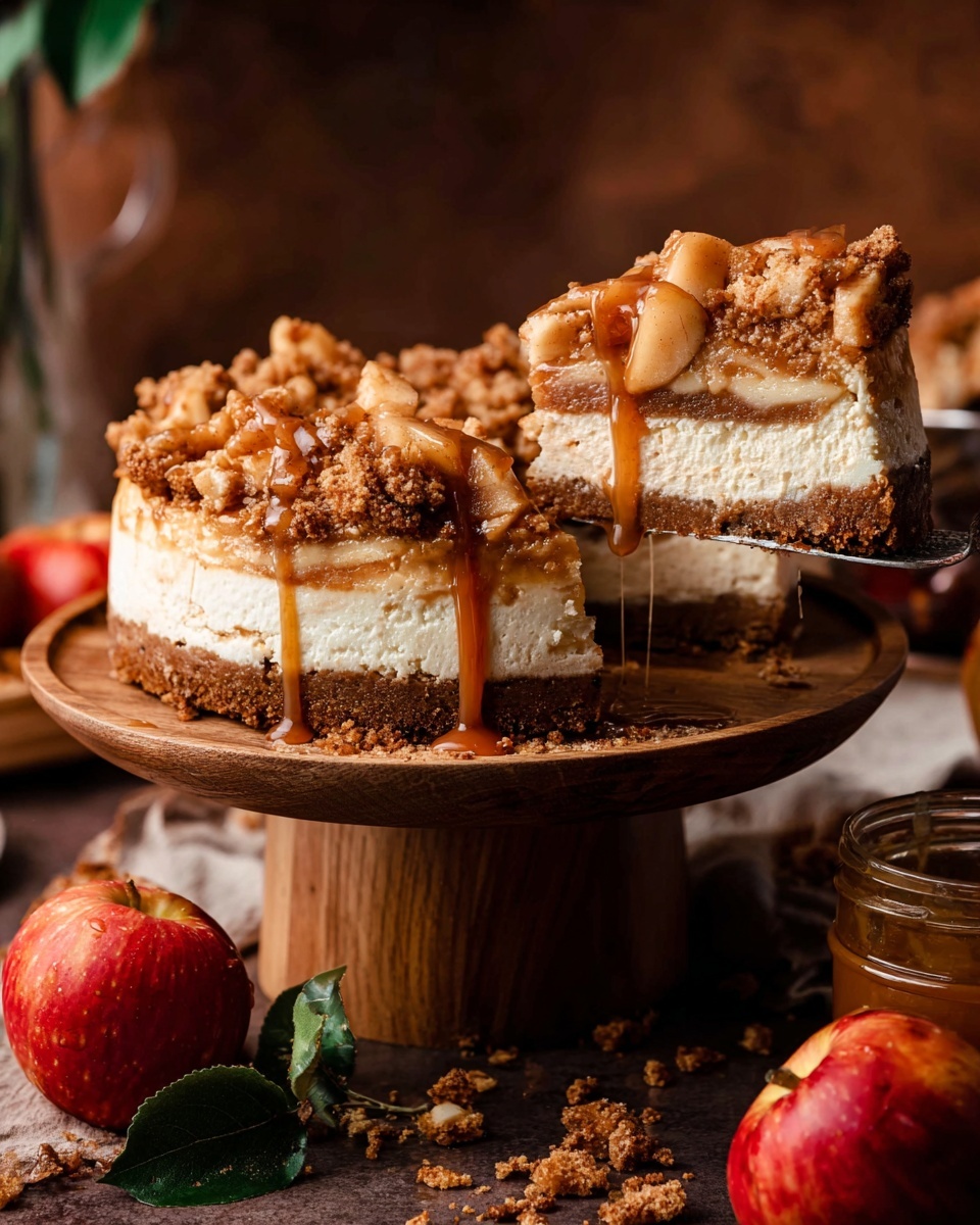 The image shows a thick cheesecake on a wooden stand with one large slice being lifted out. The cheesecake has four layers: a thick dark brown crust at the bottom, a smooth creamy white cheesecake layer above it, a thin layer of brown apple filling in the middle, and a crumbly caramel-colored streusel topping with chunks of apple on top. The caramel topping looks sticky and glossy, dripping slightly on the slice being lifted. Around the stand on a dark wooden surface lie crumbs and a shiny red apple with green leaves. In the blurry background, more red apples and a small jar with caramel sauce are visible. The setting has warm lighting emphasizing the dessert’s rich textures. Photo taken with an iphone --ar 4:5 --v 7