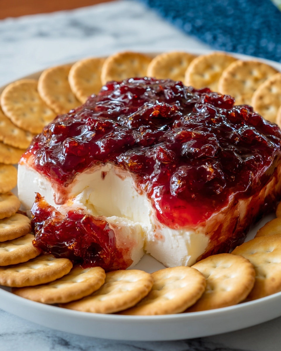 The image shows a white plate with a ring of light brown round crackers around the edge. In the center of the plate, there is a thick rectangular layer of creamy white cheese covered with a glossy, deep red jelly or jam that looks chunky with pieces of fruit. The jam covers the top and sides of the cheese, and a bite has been taken from the front, revealing the smooth cheese inside. The plate is set on a white marbled surface with a bit of blue fabric visible in the background. photo taken with an iphone --ar 4:5 --v 7