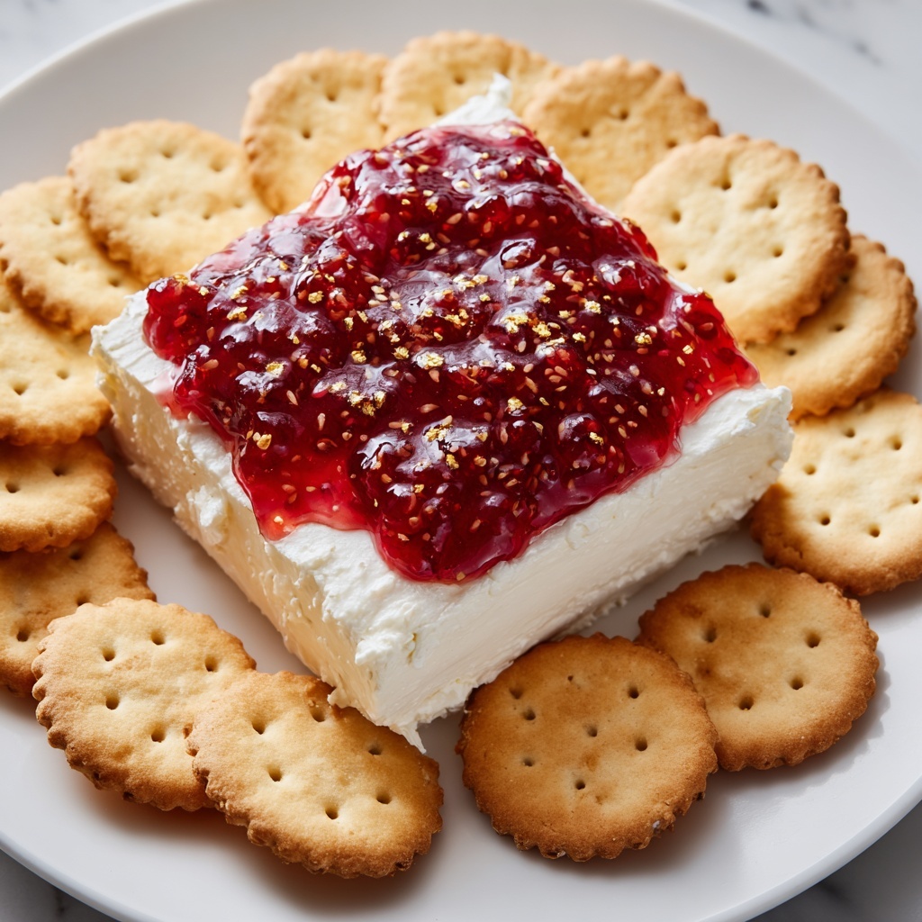 A close-up view of a white square block of soft cream cheese placed at the center of a white plate. The cheese has a thick layer of shiny red raspberry jam with visible seeds spread unevenly on top, slightly dripping down the sides. Surrounding the cheese is a neat circle of golden round crackers with scalloped edges and small holes in the middle. The plate rests on a white marbled surface. photo taken with an iphone --ar 4:5 --v 7