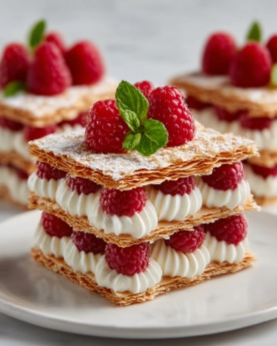The image shows a layered dessert presented as a square stack with three visible layers. The bottom and top layers are thin, flaky, golden-brown pastry sheets with a textured, crispy appearance. Between these, there are two thick layers of smooth, white cream with soft peaks. On top of the dessert, fresh red raspberries are placed in a neat row, with a small bright green mint leaf adding a fresh touch in the center. The dessert sits on a white plate, and the background is a white marbled texture. Photo taken with an iphone --ar 4:5 --v 7