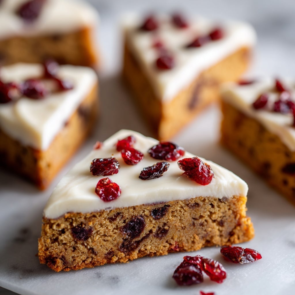 The image shows several triangular slices of a cookie-like dessert arranged on a black cooling rack placed on a white marbled surface. Each slice has two main layers: the bottom layer is thick and golden-brown with visible chunks of white chocolate and dried cranberries embedded within, and the top layer is a smooth, creamy white frosting generously sprinkled with dried cranberries and white chocolate shavings. In the background, there is a white bowl filled with fresh red cranberries, adding a pop of bright color to the scene. The overall look is neat and inviting, with the contrast between the golden base and white frosting enhanced by the dark and red cranberry pieces. Photo taken with an iphone --ar 4:5 --v 7