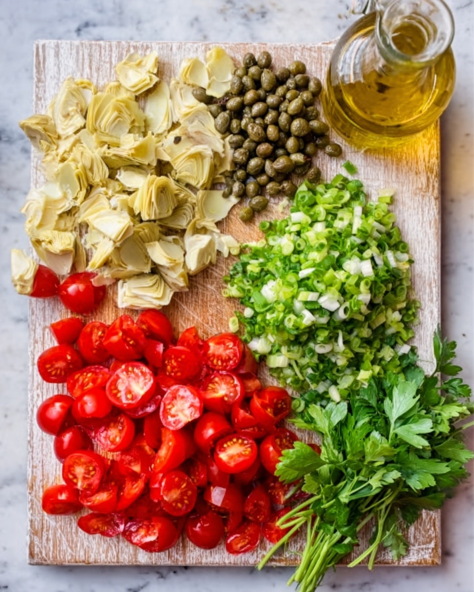 A single slice of toasted bread with a golden-brown and slightly charred crust sits on a white plate. The toast is topped with a colorful mix of roughly chopped tomatoes, pale green artichoke hearts, capers, red onion pieces, and fresh green herbs, all mixed together with a light dressing that gives a slight shine to the ingredients. The mix is heaped generously on the toast, covering it completely, and the overall look is fresh and vibrant. The background shows a white marbled texture. Photo taken with an iphone --ar 4:5 --v 7