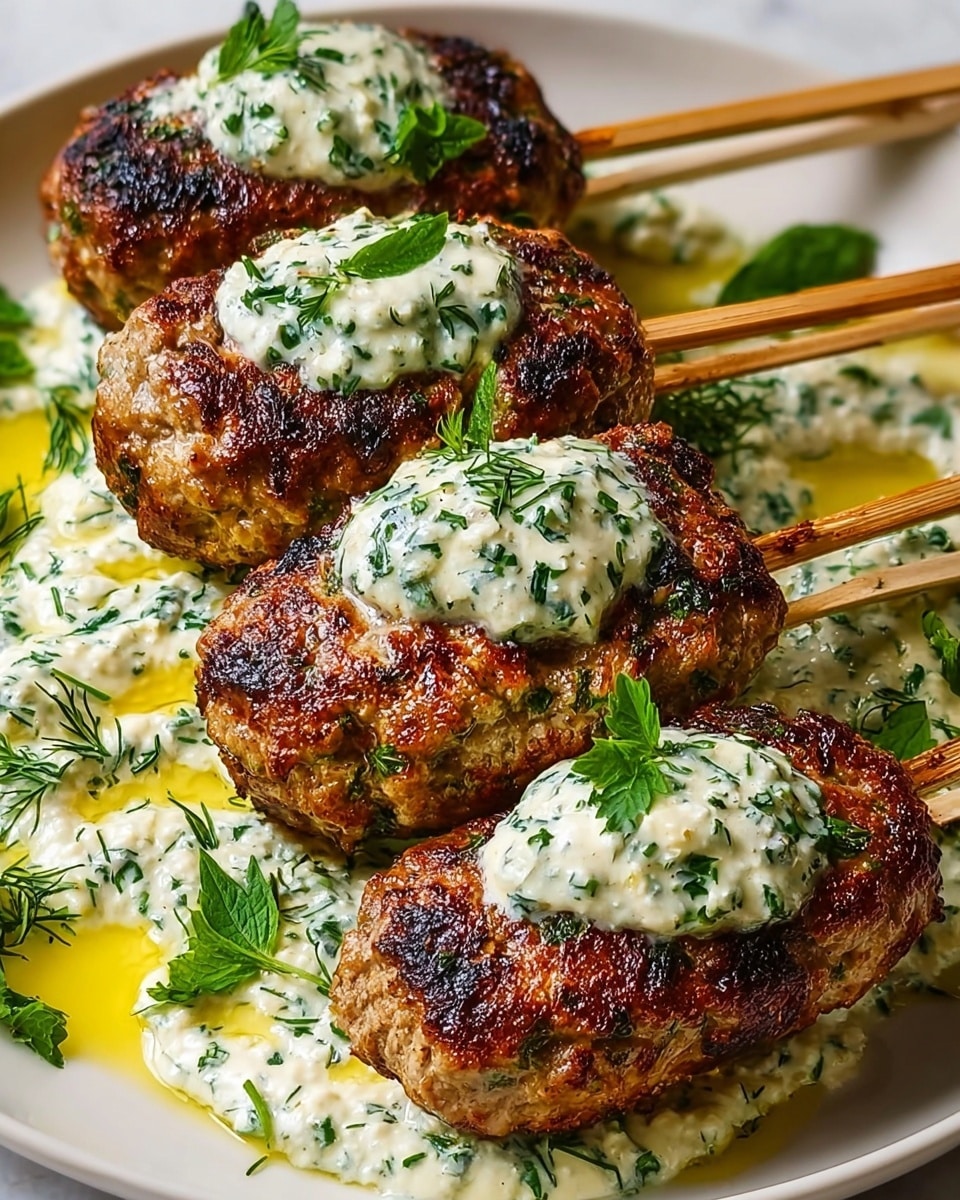 The image shows five grilled meat skewers laid closely together on a white plate with a white marbled surface background. Each skewer has browned, slightly charred meat patties that are oval-shaped with textured, crispy surfaces. On top of each meat piece, there is a dollop of creamy white sauce mixed with finely chopped green herbs, creating a fresh, speckled look. Around the skewers, the plate is generously spread with more herb sauce, giving a creamy, green-flecked base with drops of yellow oil scattered across for added shine. The wooden skewers stick out from the top end of the meat, and fresh green herb leaves are scattered for garnish. photo taken with an iphone --ar 4:5 --v 7