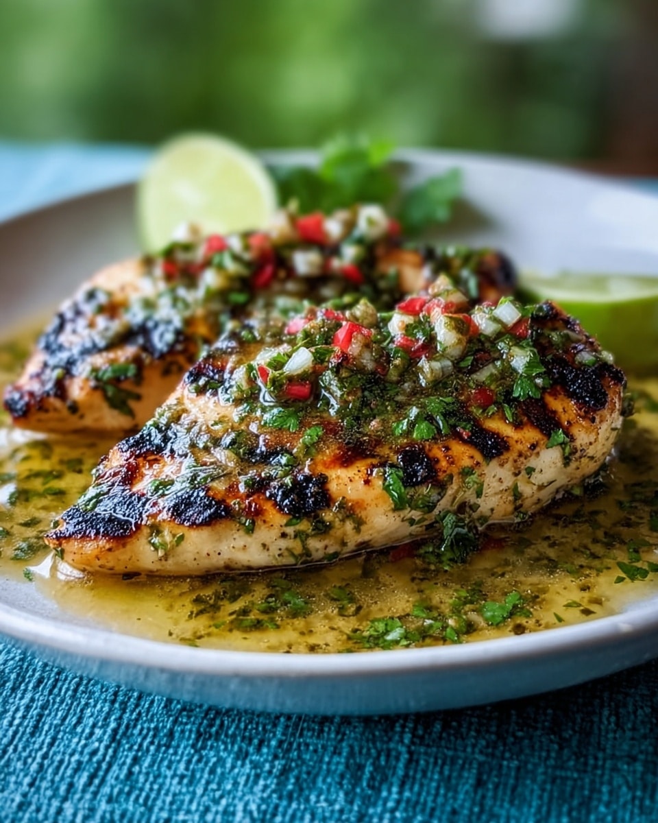 Two grilled chicken breasts with dark grill marks sit in the middle of a white plate, covered with a sauce made of chopped green herbs, small red chili pieces, and melted garlic butter. The sauce pools around the chicken, giving a glossy texture. A small green cilantro leaf and a lime wedge are placed behind the chicken, adding fresh color. The plate is set on a white marbled surface. photo taken with an iphone --ar 4:5 --v 7
