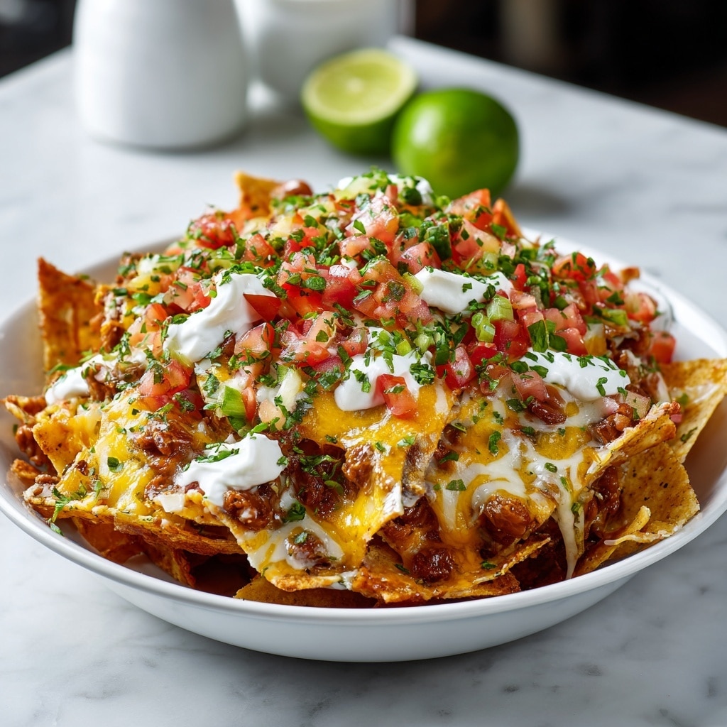 A white bowl filled with several layers of nachos. The bottom layer is crispy, golden tortilla chips, followed by a layer of melted yellow cheese that drips slightly over the chips. Mixed in are small pieces of diced red tomatoes, green cilantro, and white onions, scattered evenly. There are also chunks of cooked ground meat mixed throughout, adding a textured brown layer. Some creamy white sauce or sour cream is spread lightly on top, with more melted cheese drizzled over everything. The bowl sits on a white marbled surface, creating a bright and fresh look. Photo taken with an iphone --ar 4:5 --v 7