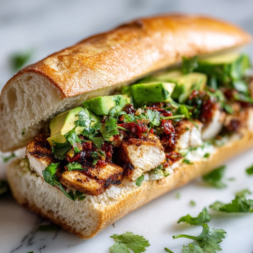 A toasted sandwich bun with a slightly rough and golden-brown top crust sits on white parchment paper over a white marbled surface. Inside, the sandwich is layered with dark brown grilled chicken pieces, some with charred edges, and topped with shredded white cabbage, bright green cilantro leaves, and small pieces of red bell pepper mixed with chopped white onions. A small piece of grilled chicken and some scattered vegetables lie next to the sandwich. Photo taken with an iphone --ar 4:5 --v 7