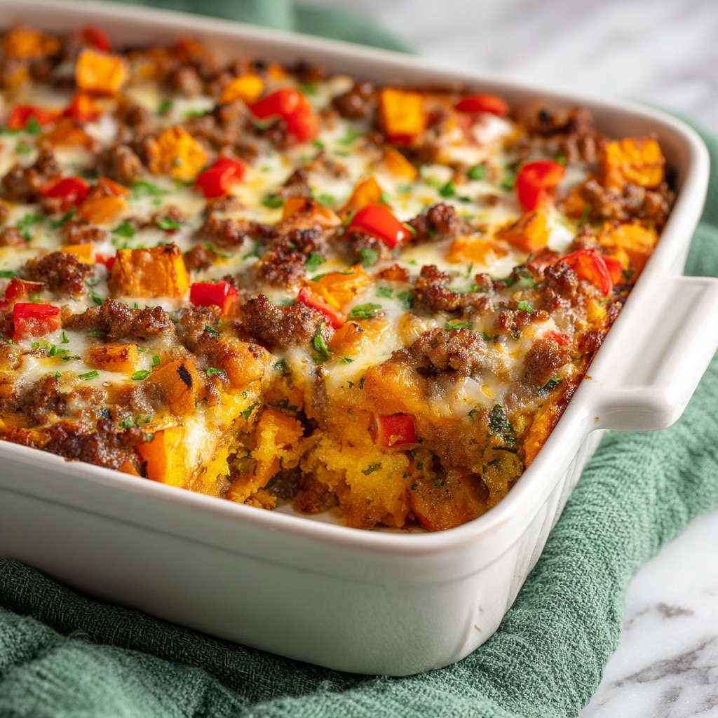 A woman's hand is pouring a thick yellow mixture with black specks from a clear glass bowl using a metal whisk into a white oval baking dish filled with a colorful mix of ground meat, diced orange carrots, and green vegetables. The background shows a white tiled wall, and the dish is placed on a white marbled surface. Photo taken with an iphone --ar 4:5 --v 7