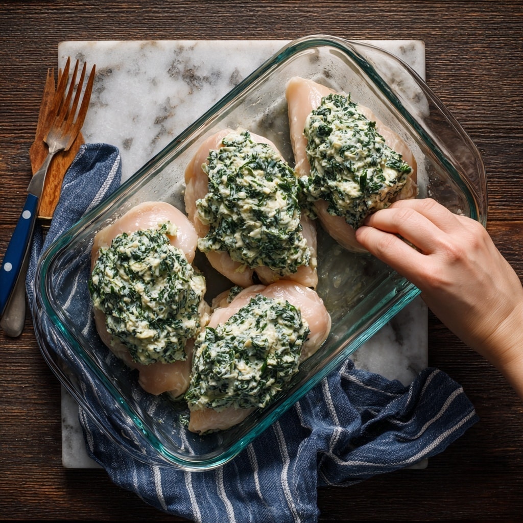 A close-up of a white ceramic baking dish filled with a creamy spinach and cheese casserole. The dish has three visible layers: the bottom and middle layers are creamy with green spinach pieces mixed into a white sauce, while the top layer is golden-brown melted cheese with some browned spots, slightly crispy and bubbly. A copper spoon lifts a portion from the dish, showing the creamy and cheesy texture inside. The baking dish is placed on a white marbled surface, with some green spinach leaves scattered around. photo taken with an iphone --ar 4:5 --v 7
