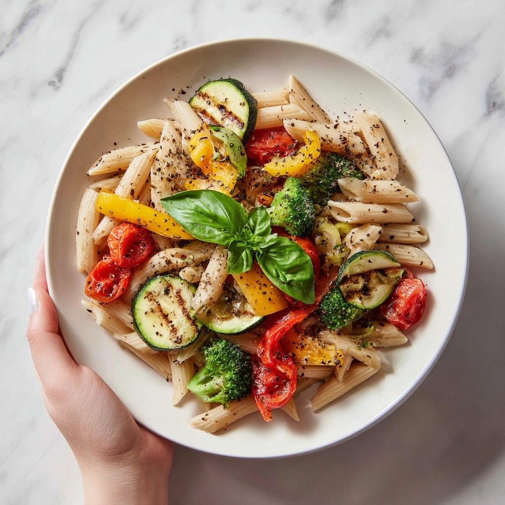 A white oval bowl filled with cooked penne pasta as the base layer, light yellow in color with a smooth texture. On top are grilled vegetables like zucchini slices, red and yellow bell pepper pieces, and slightly charred eggplant chunks, all showing a mix of dark brown grill marks and vibrant red, yellow, and green colors. Small fresh green herb leaves are sprinkled over the top, adding a touch of freshness. The bowl is placed on a white marbled surface, next to a spoon and a fork resting on a light cloth. Photo taken with an iphone --ar 4:5 --v 7