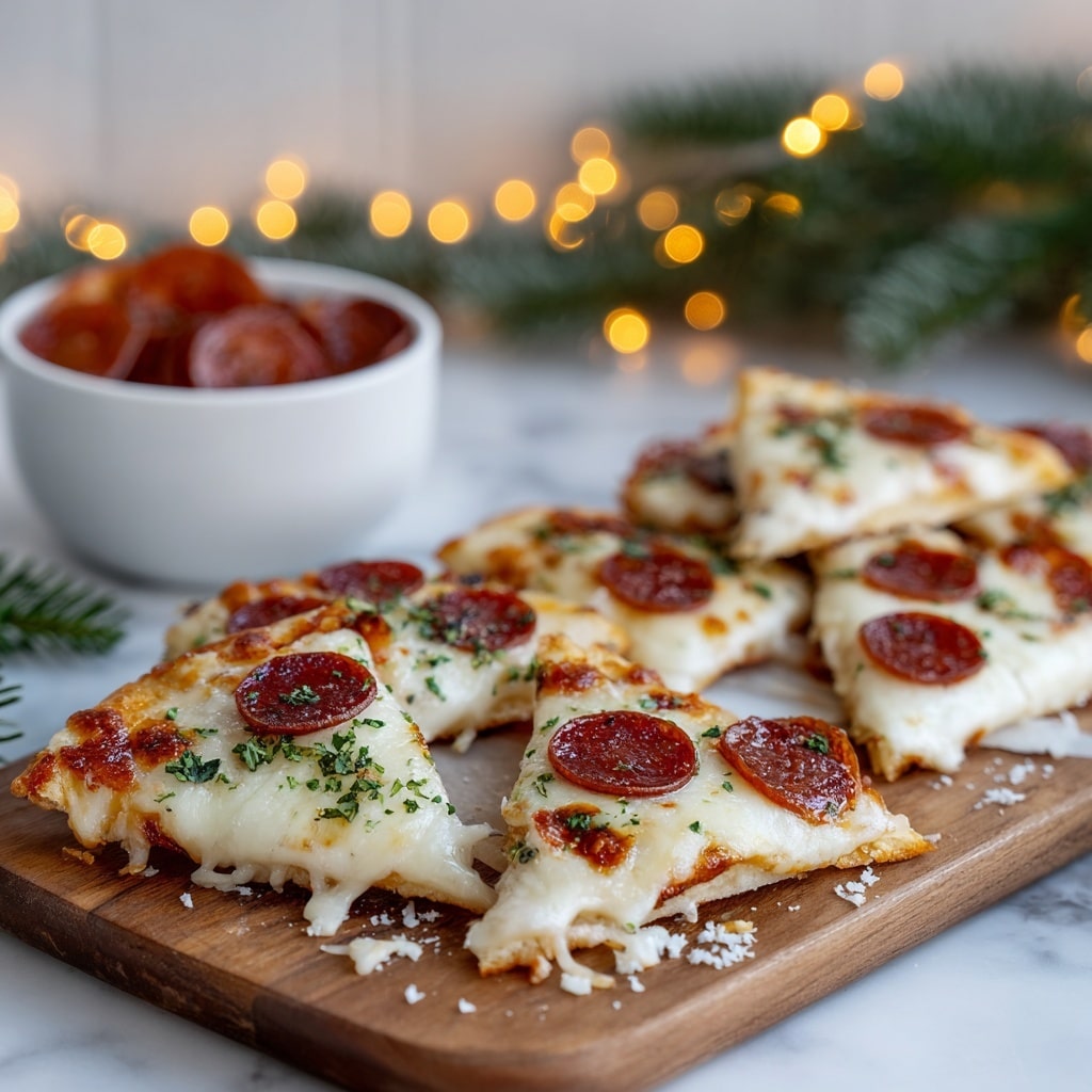 A plate holds a pile of small triangular pepperoni pizzas, each slice topped with melted, gooey white cheese that has a slight golden brown edge, small round slices of browned pepperoni scattered evenly on top, and a light sprinkle of green herbs and grated cheese. The triangular slices sit on a flat, smooth white plate with a few cheese crumbs around them. In the background, there's a small white bowl filled with more pepperoni slices, and the scene is set on a white marbled surface with blurry warm fairy lights and green pine branches, giving a festive feel. photo taken with an iphone --ar 4:5 --v 7