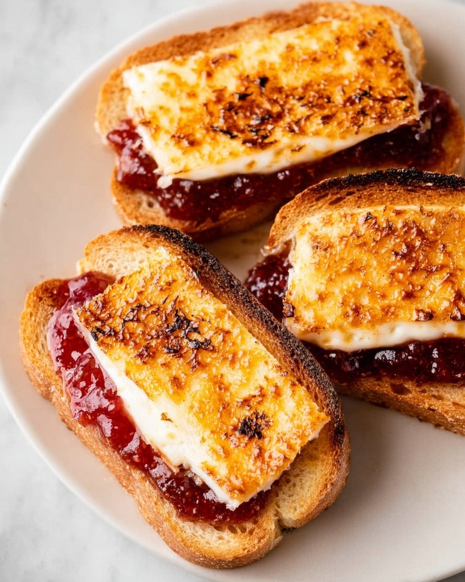 The image shows a white plate with three slices of toasted bread arranged closely. Each toast slice has three clear layers: the bottom toasted bread layer is golden brown with a crunchy texture, the middle layer is a deep red glossy jam spread thickly across the bread, and the top layer features a thick piece of grilled cheese with a lightly charred, golden brown surface and some darker spots of caramelization. The toasts are positioned diagonally across the plate, set against a white marbled background. photo taken with an iphone --ar 4:5 --v 7