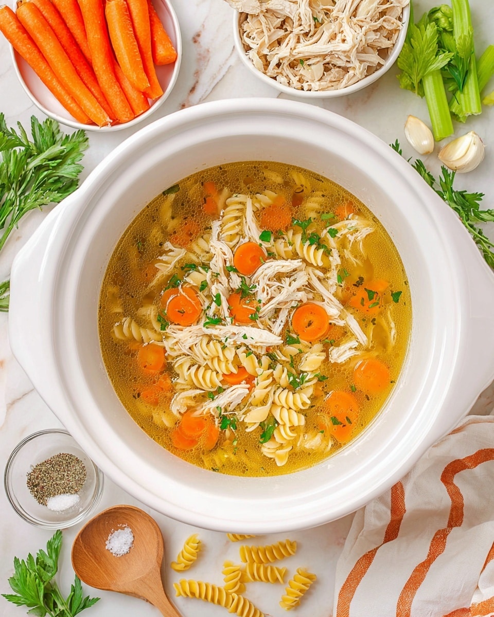 A white bowl filled with chicken noodle soup showing three visible layers: a clear golden broth as the base, bright orange carrot slices and pale yellow spiral pasta floating in the middle, and shredded white chicken pieces on top, all sprinkled with chopped green parsley; the bowl rests on a white marbled surface surrounded by a white bowl of shredded chicken, fresh orange carrots, green celery stalks, small white dishes of salt and black pepper, fresh green herbs, uncooked spiral pasta scattered loosely, two garlic cloves, and a wooden spoon on a white cloth with orange stripes; photo taken with an iphone --ar 4:5 --v 7