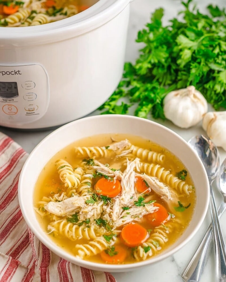 The image shows a bowl of chicken noodle soup placed on a white marbled surface next to a white crockpot. The soup has three main layers: a clear golden broth filling the bowl, pieces of shredded white chicken distributed throughout, and spiral pasta along with sliced orange carrots floating on top. Fresh green herbs are scattered over the soup for color and texture. Near the bowl, there is a folded cloth napkin with red stripes and two metal spoons resting on it. A bunch of fresh green parsley is positioned behind the bowl with some whole garlic bulbs to the side, adding a fresh and natural feel. Photo taken with an iphone --ar 4:5 --v 7