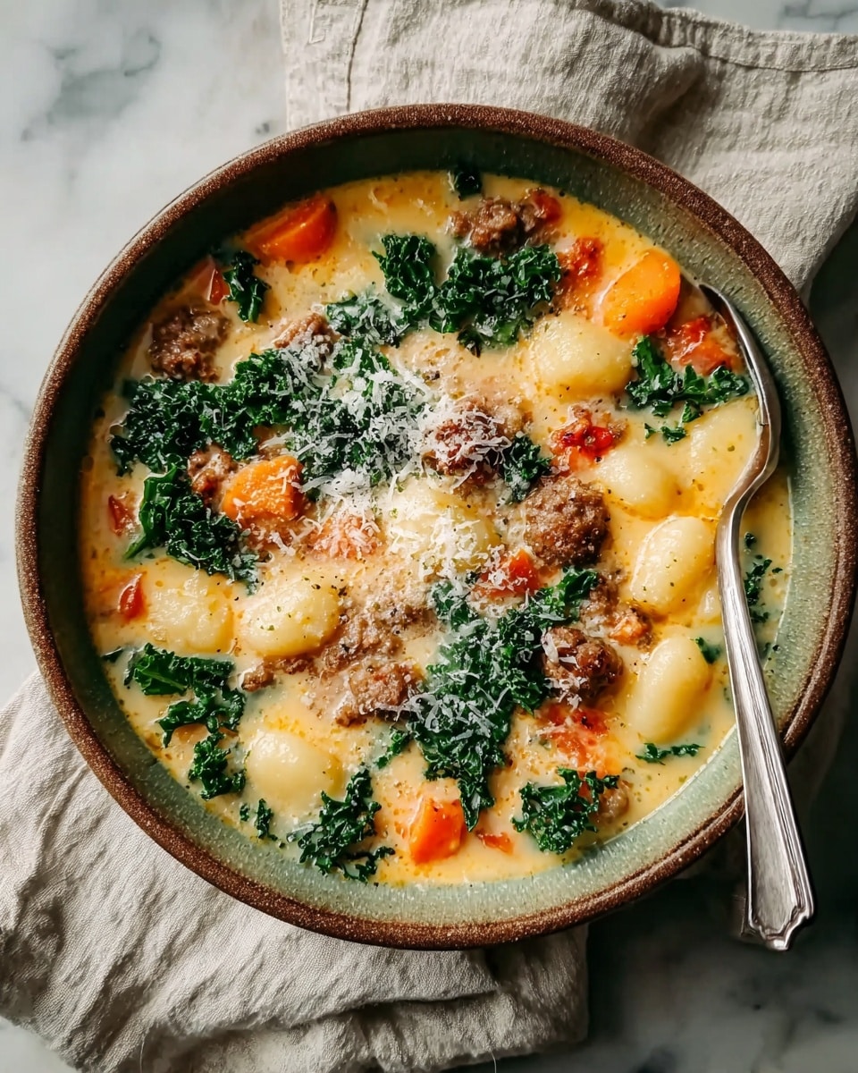 The image shows a close-up of creamy soup in a white bowl placed on a white marbled surface. The soup has three main visible layers: large smooth white gnocchi pieces floating in the creamy off-white broth, bright orange cubes of squash or pumpkin adding color, and small bits of browned sausage mixed with finely chopped green kale scattered throughout. A spoon lifts a portion of the soup, capturing a square of orange squash, a browned sausage piece, and some gnocchi, all coated in the thick broth. The scene is warm and inviting with a blurred orange cloth in the background. Photo taken with an iphone --ar 4:5 --v 7