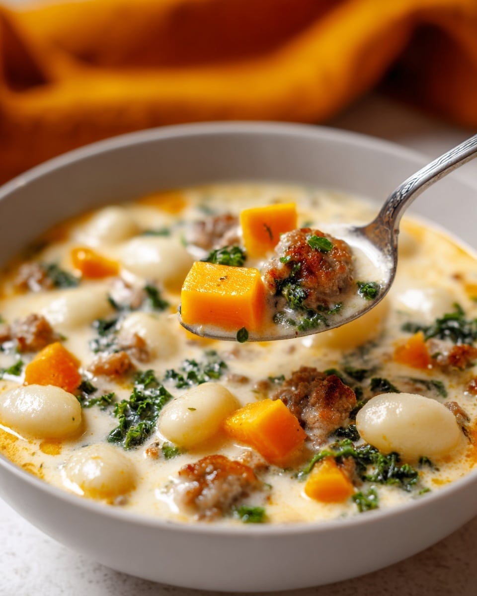 A bowl filled with creamy soup showing several layers of ingredients: the base layer is thick light yellow broth, scattered with small golden gnocchi and irregular chunks of orange carrots; bright dark green kale leaves add fresh color, while browned sausage pieces bring a meat texture. The dish is topped with finely grated white cheese. A silver spoon rests inside the bowl, which is set on a wrinkled beige cloth on a white marbled surface. photo taken with an iphone --ar 4:5 --v 7