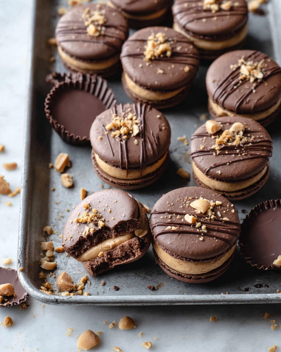 The image shows a group of chocolate macarons arranged on a gray metal tray, placed on a white marbled surface. Each macaron has two smooth, dark brown shells with a creamy peanut butter filling in the middle, making two main layers. On the top shell, there is a diagonal drizzle of darker chocolate and sprinkled chopped peanuts. Scattered around the macarons are a few empty chocolate peanut butter cup liners, some whole and one with a bite taken out, showing the creamy filling inside. Small crumbs of peanuts and chocolate are spread randomly across the tray. photo taken with an iphone --ar 4:5 --v 7