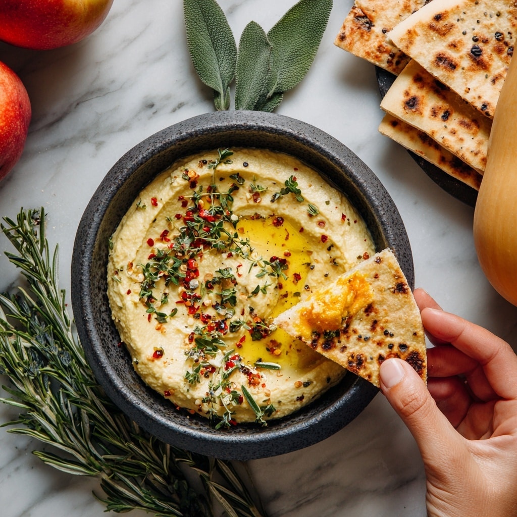 A bowl with creamy yellow hummus sits in the center, topped with a drizzle of golden olive oil, sprinkled red pepper flakes, black pepper, and fresh green herbs scattered on top. One toasted pita triangle with light brown spots is dipped into the hummus on the right side of the bowl. Five more toasted pita triangles, golden brown and stacked, are placed leaning against the right edge of the bowl. Around the bowl are fresh green rosemary sprigs and sage leaves. To the left of the bowl, whole apples in red and yellow tones and a large pale orange butternut squash rest on a white marbled surface. Photo taken with an iphone --ar 4:5 --v 7
