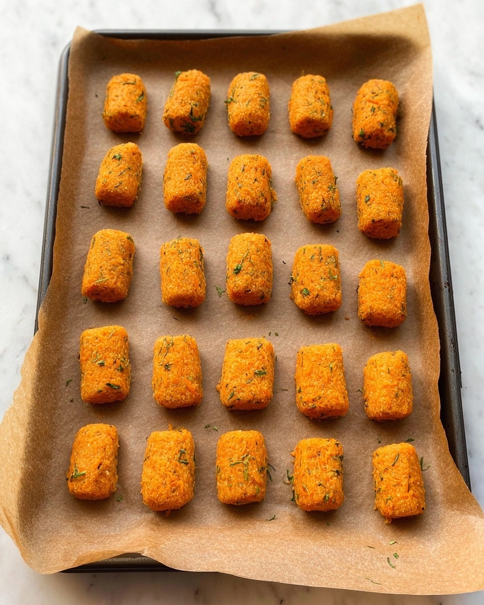 The image shows many small, browned croquettes shaped like little logs, arranged scattered on white parchment paper that covers a white marbled surface. Each croquette is golden orange with darker brown spots and small green flecks visible inside, showing texture from the herbs or vegetables mixed in. On the top right corner, there is a white bowl filled with thick, chunky deep red sauce, placed at the edge of the paper. The croquettes have a slightly rough and crispy outside, giving a sense of warmth and homemade style. photo taken with an iphone --ar 4:5 --v 7