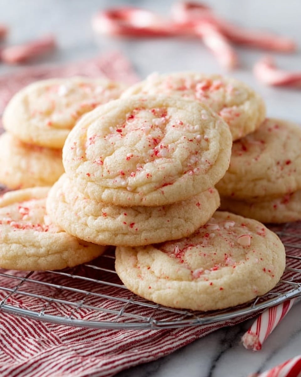 Several round, soft cookies with light beige color and tiny red specks are spread on a white marbled surface; one of the cookies shows a bite taken out of it, revealing a soft interior. The cookies have a slightly cracked texture on top. Two white and red striped candy canes lie diagonally among the cookies, adding a festive touch. In the upper left corner, a white cloth with red stripes supports a white plate holding more cookies. photo taken with an iphone --ar 4:5 --v 7