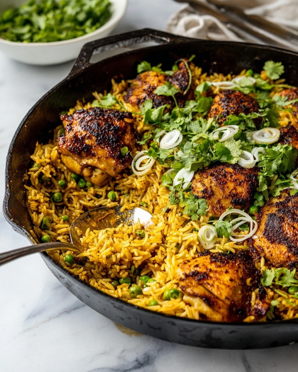 A white bowl filled with a bed of yellow rice mixed with green peas and small bits of herbs. On top of the rice sits a single piece of golden-brown grilled fish, slightly crispy on the edges, garnished with fresh green cilantro leaves and sliced green onions. There is a dollop of creamy white sauce placed on one side of the fish. A silver fork rests inside the bowl on the right side. The bowl is set on a white marbled surface with a beige cloth partially visible to the left and a slice of lime and some cilantro leaves scattered nearby. Photo taken with an iphone --ar 4:5 --v 7