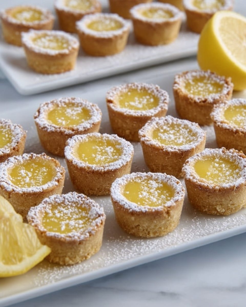 A white rectangular plate holds sixteen small tartlets arranged in neat rows. Each tartlet has three layers: a light golden brown cookie-like crust forming the base and edges with a slightly crumbly texture, filled with a smooth, shiny yellow lemon curd layer that fills almost to the top, and a dusting of fine white powdered sugar scattered evenly over the lemon filling and the crust edges. In the foreground, there is a partially cut lemon showing its juicy, bright yellow interior. The background includes a white rectangular plate with a few more tartlets, all set on a white marbled surface. Photo taken with an iphone --ar 4:5 --v 7