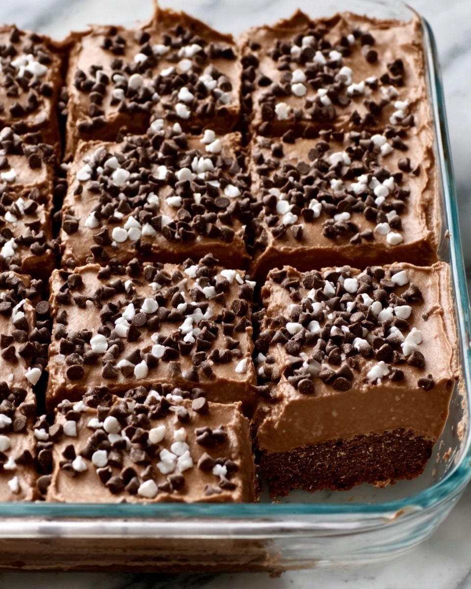 A single square chocolate brownie sits on a dark cutting board with a rustic edge, placed over a white marbled texture surface. The brownie has two layers: the bottom is a thick, dense, and moist dark brown cake layer with a slightly crumbly texture. The top layer is a thick, glossy chocolate frosting with smooth swirls and scattered small chocolate chips embedded in and around the frosting. Several loose chocolate chips surround the brownie on the cutting board and the white marbled surface. photo taken with an iphone --ar 4:5 --v 7