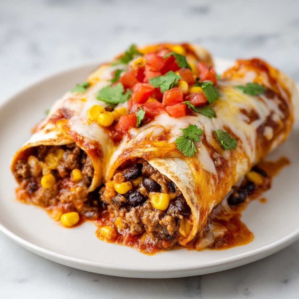 The image shows two stacked rolled tortillas covered with melted yellow and white cheese on a white plate, sitting on a white marbled surface. The tortillas are filled with a mix of ground meat, black beans, and corn, with sauce spread thickly both inside and underneath them. On top, there is a colorful mix of chopped red tomatoes, whole yellow corn kernels, and green cilantro leaves, adding bright contrast. The sauce has a rich, reddish-brown color with a slightly thick texture that drapes around the edges of the plate. photo taken with an iphone --ar 4:5 --v 7