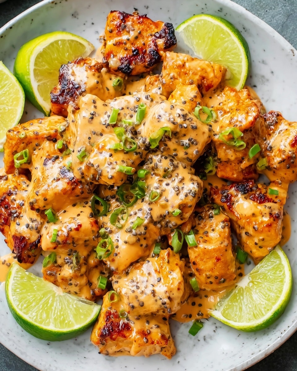 The image shows a baking tray filled with several pieces of cooked salmon, each piece neatly arranged in rows. The salmon has a golden brown color on top with visible grill marks and is covered with a creamy light orange sauce. Small green herb pieces are sprinkled over the salmon and sauce, adding a fresh touch. The tray sits on a white marbled surface, and the overall look is warm and inviting, with the sauce adding a glossy texture to the fish. photo taken with an iphone --ar 4:5 --v 7