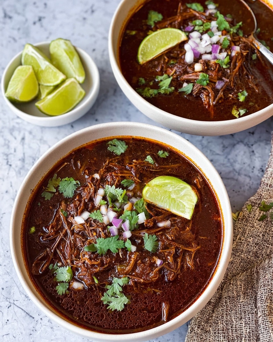 Two white bowls filled with dark red-brown shredded meat stew, topped with fresh green cilantro leaves, small white and purple diced onion pieces, and wedges of lime resting on the surface. The front bowl shows a deeper view of the thick, rich stew with shredded meat more visible, while the other bowl in the background has a similar composition. To the top left is a small white bowl containing several lime wedges. All items are set on a white marbled surface with a textured cloth partially visible near the small lime bowl. Photo taken with an iphone --ar 4:5 --v 7