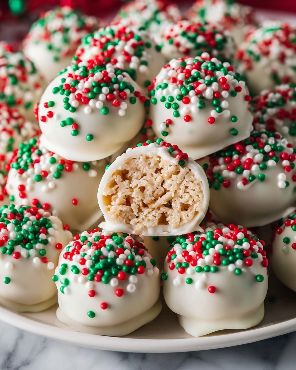 A white bowl with a red rim and white snowflakes is full of round treats coated in white chocolate, each topped with small red, green, and white round sprinkles. One treat on top is bitten, showing a light beige, crispy rice cereal layered inside. The bowl sits on a white marbled surface with some loose sprinkles around it. In the blurred background, there are two wooden reindeer figurines with scarves and three small green pine trees with frosted tips. Photo taken with an iphone --ar 4:5 --v 7