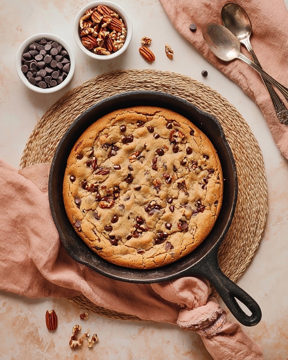 A large, golden-brown cookie skillet sits in the center, baked in a dark cast iron pan with a slightly rough texture and edges that look crispy and soft inside. The cookie is studded with melted chocolate chips and pecans spread evenly across its surface, giving it a chunky texture. The pan handle is wrapped with a soft peach-colored cloth, resting on a round woven placemat. Above the skillet are two small white bowls, one filled with shiny dark chocolate chips and the other with chopped pecans. To the sides, there are two vintage silver spoons, and the whole scene is set on a white marbled surface with a warm, cozy feel. photo taken with an iphone --ar 4:5 --v 7