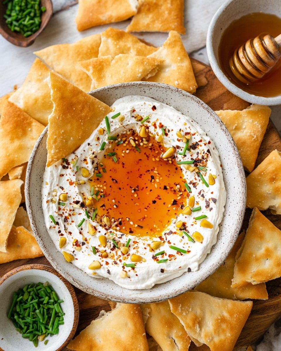 A white bowl filled with a thick layer of creamy white yogurt spread evenly with a smooth texture, holding a round well in the center filled with amber honey. The honey pool is topped with scattered golden pine nuts, finely chopped green chives, and sprinkled with red pepper flakes and black pepper for color contrast. Surrounding the bowl are small white dishes containing extra honey with a wooden honey dipper, chopped chives, pine nuts, and crushed spices. Part of a white plate with golden toasted pita pieces is visible in the corner. All items are set on a white marbled surface. Photo taken with an iphone --ar 4:5 --v 7