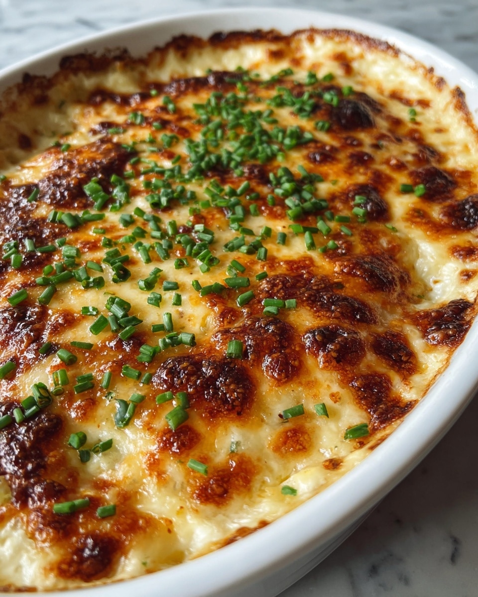 A white round baked dish filled with a creamy cheesy layer that is golden brown and bubbly on top, sprinkled with fresh chopped green chives. A spoon lifts a generous portion, showing thick, gooey melted cheese stretching from the dish. The top layer has browned spots with a smooth, slightly crispy texture, while the melted cheese beneath looks soft and rich. The dish sits on a white marbled surface. photo taken with an iphone --ar 4:5 --v 7