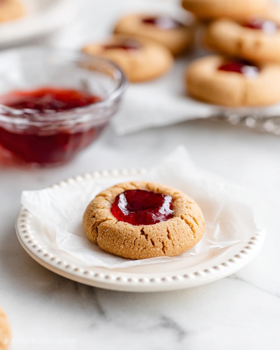 A single round cookie with a golden brown, slightly crumbly texture is placed in the center of a small white plate with a raised dotted edge, resting on a piece of white parchment paper. The cookie has a smooth, shiny red dollop of jam in the middle, creating a contrast in texture and color. In the blurry background, more similar cookies and a clear glass bowl filled with the same red jam can be seen on a white marbled surface. photo taken with an iphone --ar 4:5 --v 7