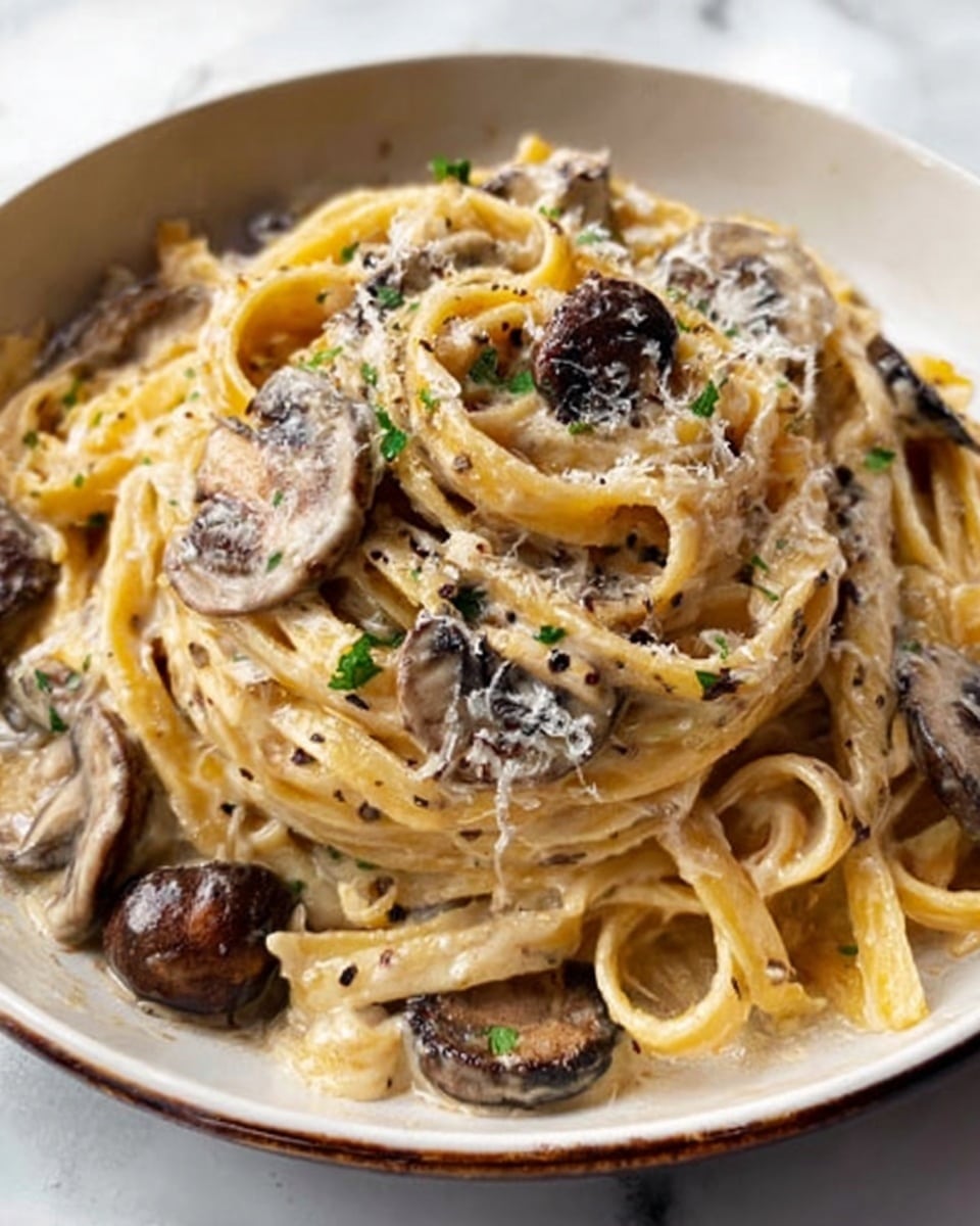 The image shows a white plate filled with a single large serving of pasta mixed with creamy sauce and sliced mushrooms. The pasta appears thick and twisted, covered well in the sauce, with mushrooms spread evenly throughout. The creamy sauce has a smooth, shiny texture and a light beige color that contrasts softly with the darker brown mushrooms. The plate is placed on a white marbled surface next to a fork with a decorative handle on the right side. A woman's hand is reaching towards the plate, suggesting readiness to eat. The whole scene is softly lit, highlighting the rich textures and colors of the dish. Photo taken with an iphone --ar 4:5 --v 7