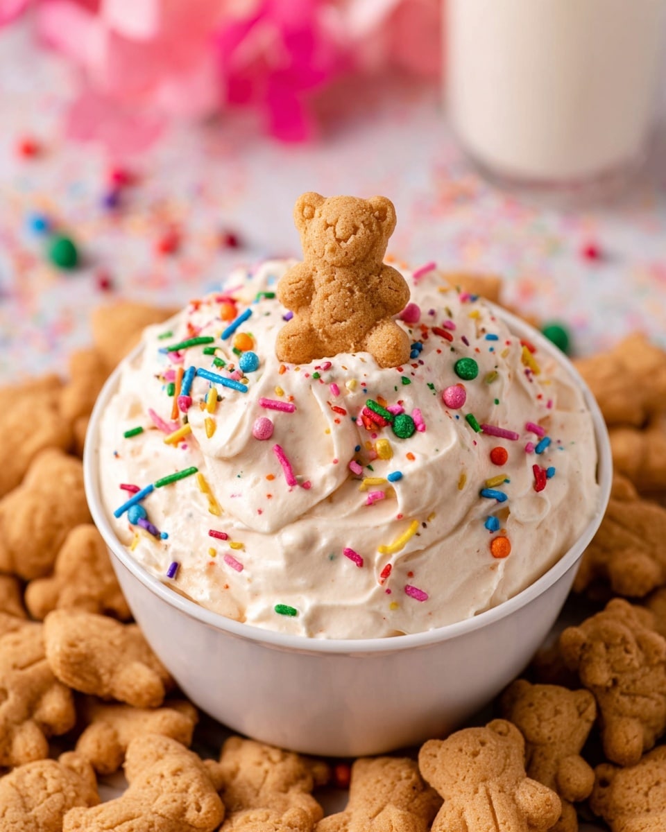 A clear glass bowl sits filled with soft white cream that has colorful rainbow sprinkles mixed throughout and scattered on top, giving it a playful texture. Two light beige animal-shaped crackers rest on top of the cream, with one light beige animal cracker held by a woman's hand with lavender nail polish dipping into the cream. The background is filled with more animal-shaped crackers in beige and flower-shaped cookies in bright pink and white, all placed on a white marbled surface. photo taken with an iphone --ar 4:5 --v 7