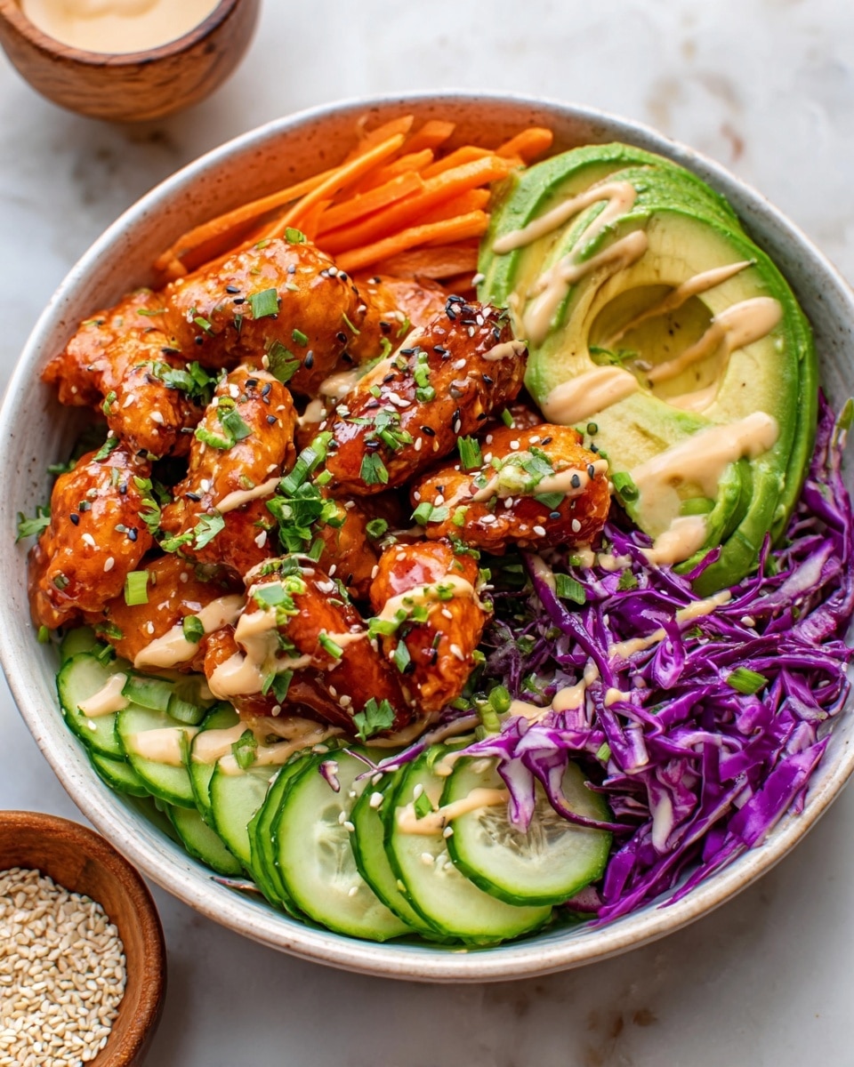 The image shows a white bowl filled with a colorful layered salad. Starting from the bottom, there is a smooth green layer of sliced avocado on the left side, thinly sliced light green cucumbers on top of white rice forming a base under the other ingredients, and shredded bright purple cabbage layered on the right side. On top of these layers, there is a pile of golden brown, glazed chicken pieces sprinkled with sesame seeds in the center. Thin strips of orange carrot are placed in a small section on the left side near the avocado. A drizzle of light-colored dressing is visible over the chicken and some vegetables. The bowl is set on a white marbled surface, with two forks placed nearby. In the background, small wooden bowls hold extra sliced cucumbers and black sesame seeds. Photo taken with an iphone --ar 4:5 --v 7