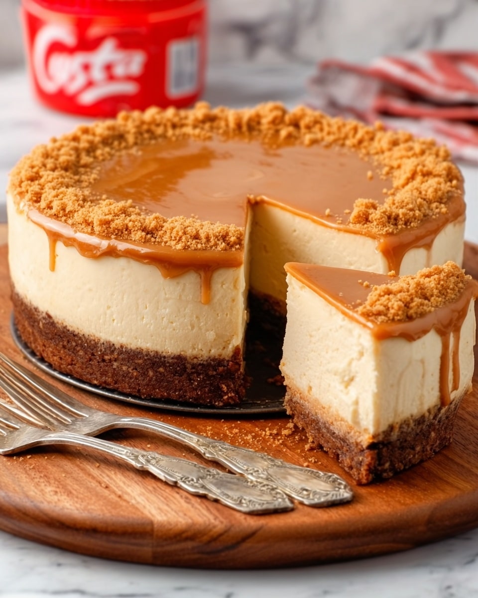 A slice of dessert with three visible layers on a piece of parchment paper over a white marbled surface; the bottom layer is a dense, dark brown crumbly crust, the middle layer is thick and creamy with a light beige color, and the top layer is a smooth, slightly darker brown spread with a generous drizzle of glossy caramel-colored sauce zigzagging across it; the slice is topped with a mound of coarse, golden brown crumb topping; crumbs are scattered around the slice, and a small part of the dessert and some cookies are visible in the background; photo taken with an iphone --ar 4:5 --v 7