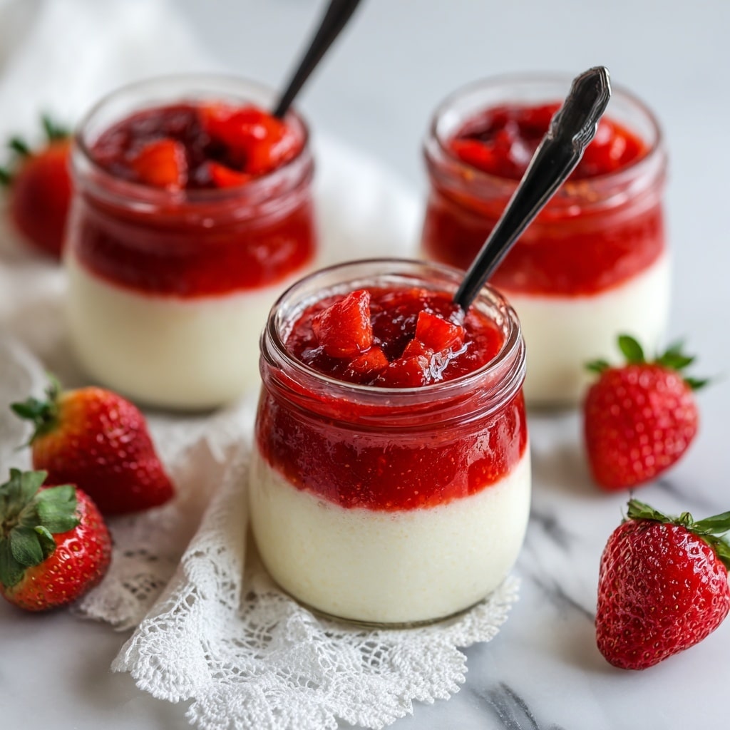 This image shows small clear glass jars with three layers of dessert. The bottom and top layers are bright red strawberry sauce with smooth texture, and the middle layer is creamy white pudding. Each jar has a black spoon inside, and fresh red strawberries with green leaves are scattered around the jars. The jars are placed on a white marbled surface with a white lace cloth partly underneath. Photo taken with an iphone --ar 4:5 --v 7