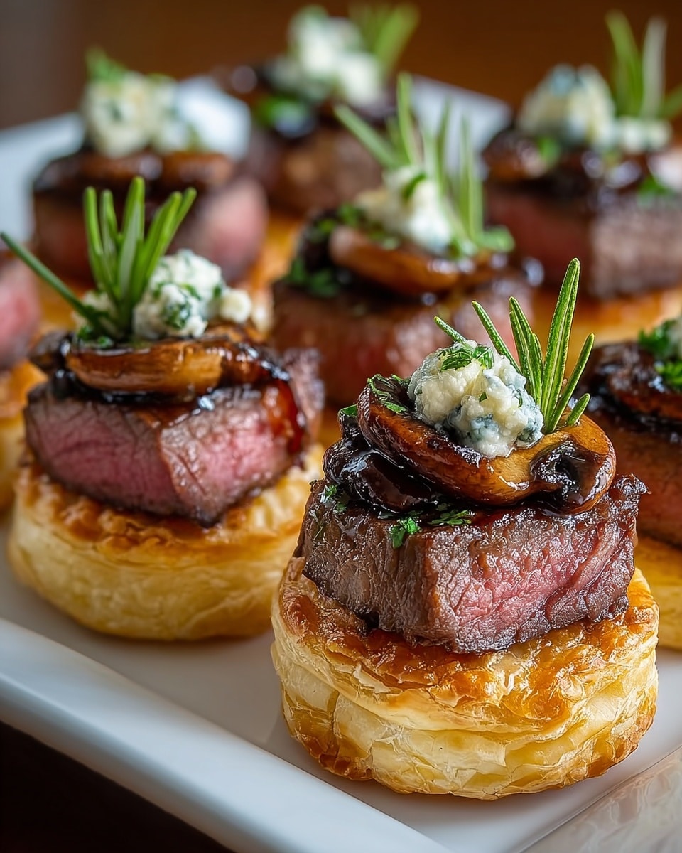 The image shows a group of small round appetizers, each with three visible layers, placed closely on a white square plate against a white marbled surface. The bottom layer is a golden, flaky pastry base with a crinkled texture and shiny baked finish. On top of that lies a thick round piece of seared beef, medium rare inside, with a well-browned crust. The top layer consists of sautéed brown mushrooms, a small dollop of white creamy cheese, sprinkled with green chopped herbs, and garnished with a sprig of fresh rosemary. The dish has a glossy finish from the glaze on the mushrooms and beef. Photo taken with an iphone --ar 4:5 --v 7