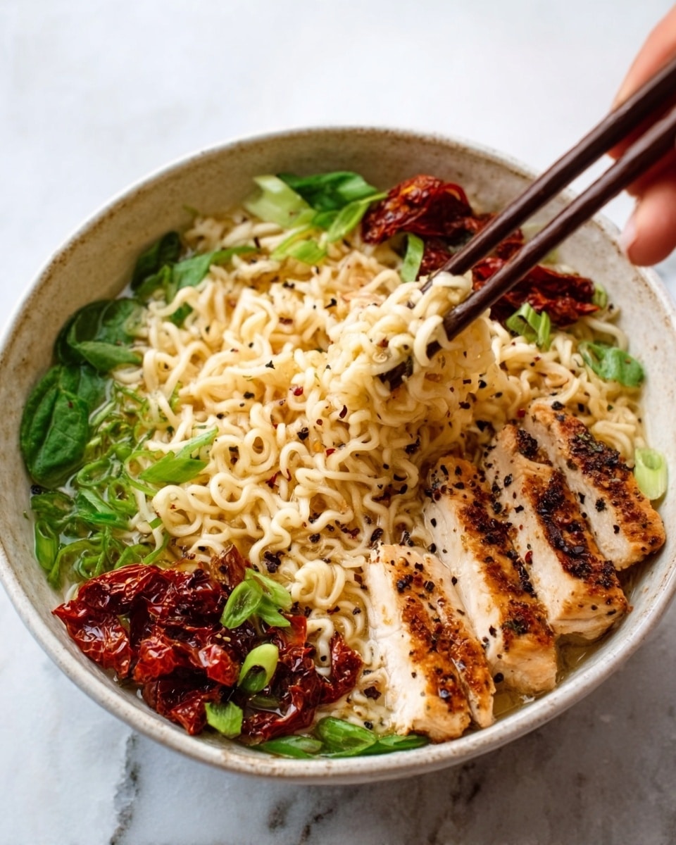 A white bowl filled with four main layers: the base is light yellow ramen noodles with a smooth texture, placed in the middle; on the left side, there are green sliced scallions with a fresh look; sun-dried tomatoes with a deep red color are scattered on the noodles; on the top right, there are four slices of grilled chicken breast with a golden brown crust and specks of black pepper. A woman's hand is using chopsticks to lift some noodles above the bowl. The background is a white marbled texture. Photo taken with an iphone --ar 4:5 --v 7