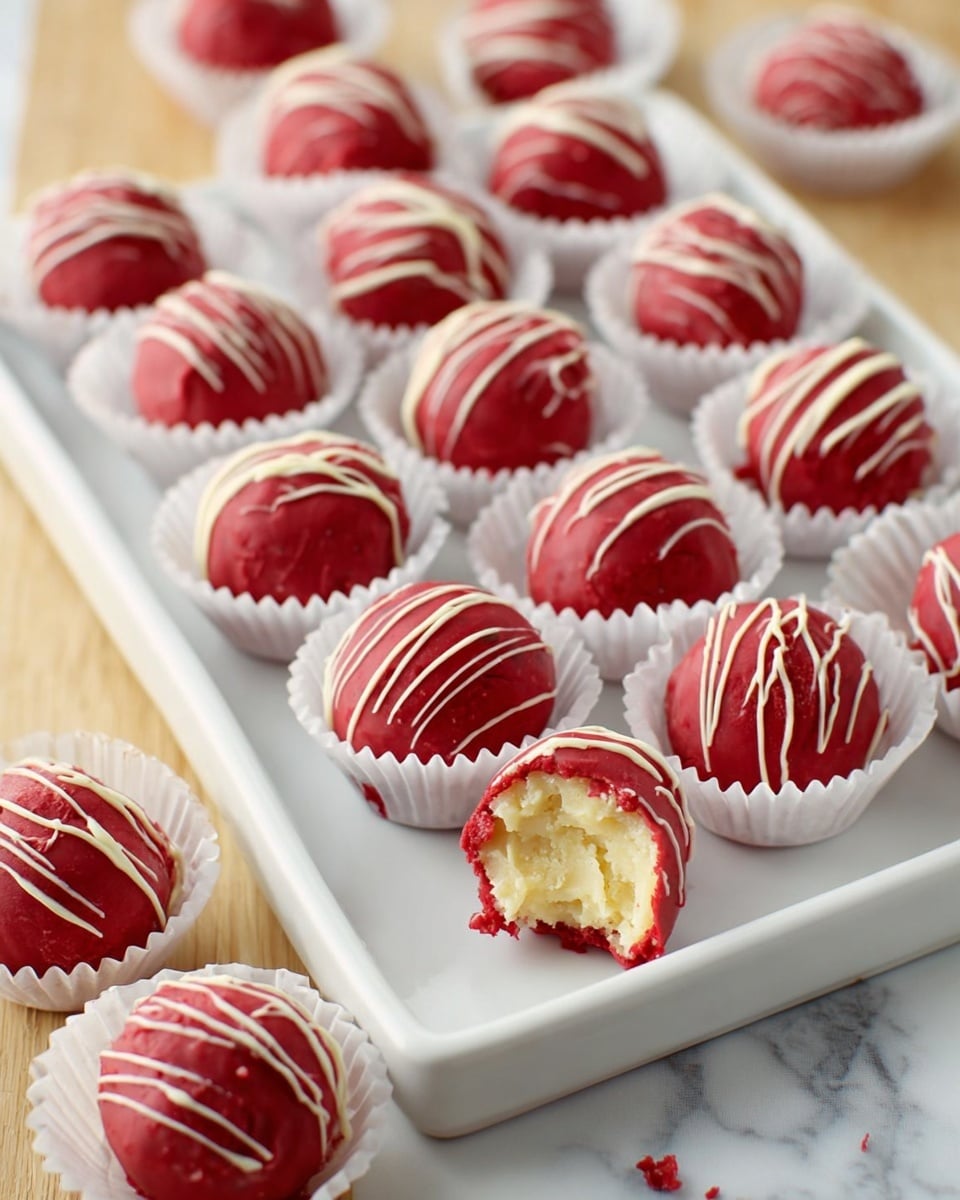 A white plate holds a pile of round truffles decorated in three colors: red, white, and green. Each truffle has a smooth, shiny coating with a drizzle of white chocolate lines on top. They are sprinkled with small red, green, and white candy beads. The truffles are stacked in about three layers, with some resting on others in a casual heap. The background shows blurred warm yellow lights and red holiday decorations, all set on a white marbled surface. photo taken with an iphone --ar 4:5 --v 7